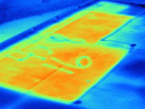 Infrared thermal image of roof showing moisture intrusion